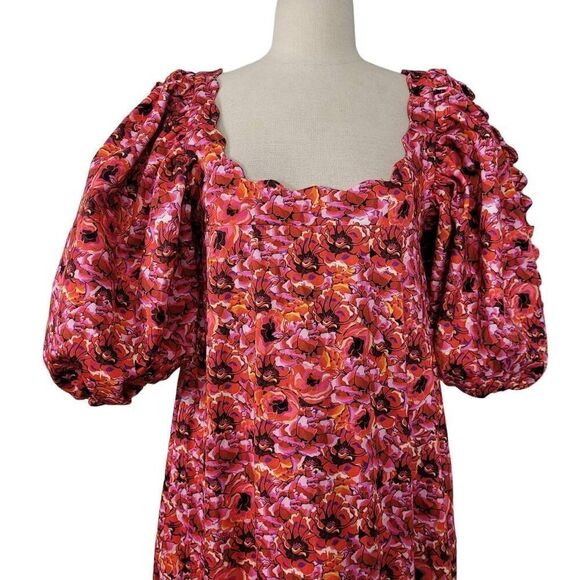 NWT Kika Vargas Maya Pink Floral Midi Dress Sz M Dramatic Puff Sleeves Ruffled‎ - Picture 3 of 12